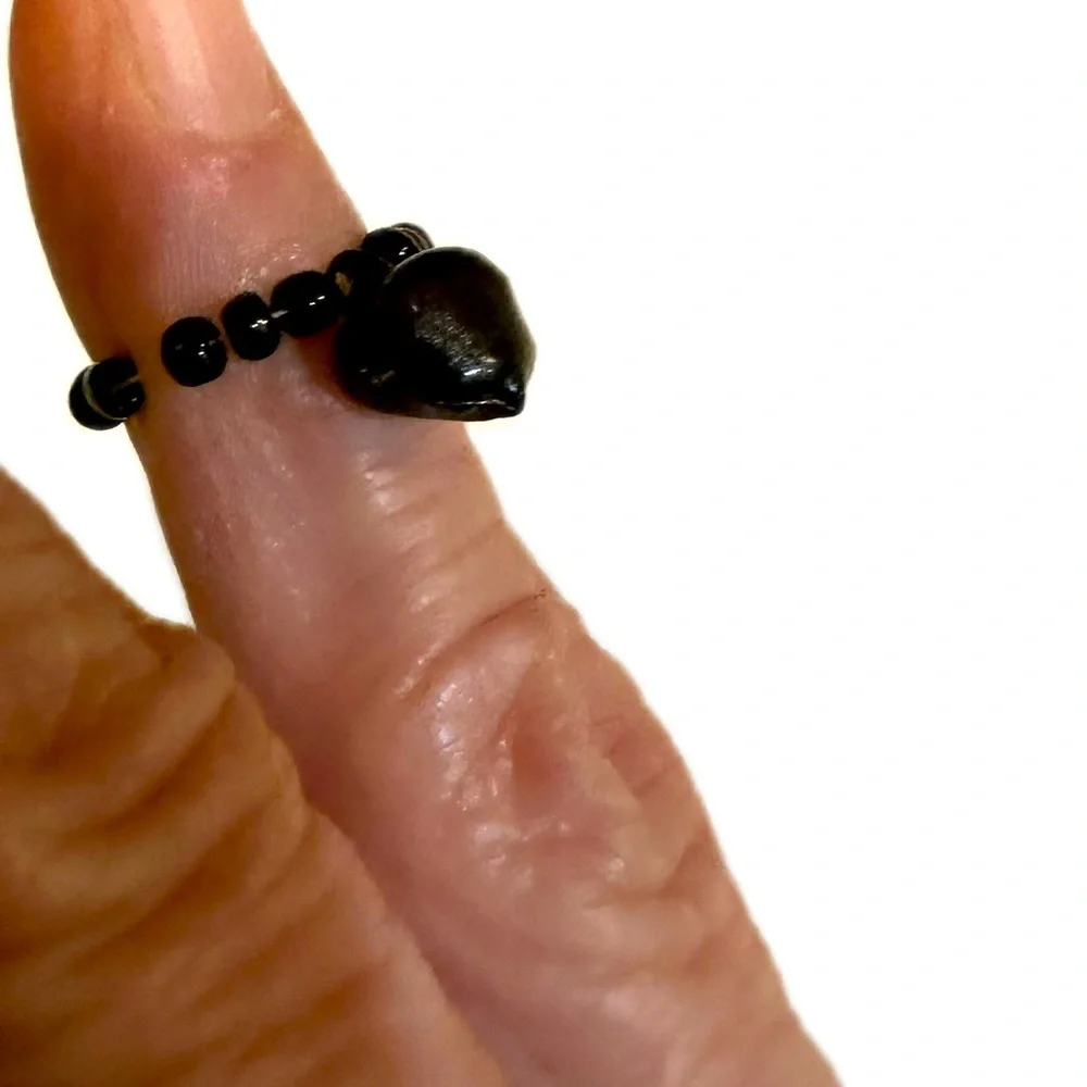 VTG BLACK BELL BEADED RING CHARM HALLOWEEN JEWELRY HANG ON NECKLACE CORD .25”